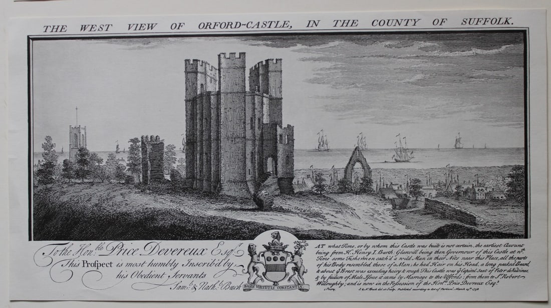 S & N Buck - West View of Orford Castle, Suffolk 1738: Copper plate engraving of The West View of Orford Castle, in the County of Suffolk by Samuel & Nathanial Buck published 1738.Size: 7.5in x 14in (19cm x 36cm)