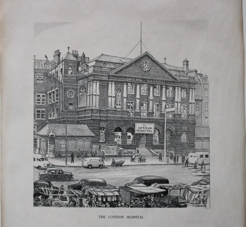 G Clilverd - Print of The London Hospital c1950: Clilverd was a fine British architectural painter, engraver and etcher, who studied in London at the Central Arts School. He first exhibited his work around 1906 and by 1910 his paintings were being s