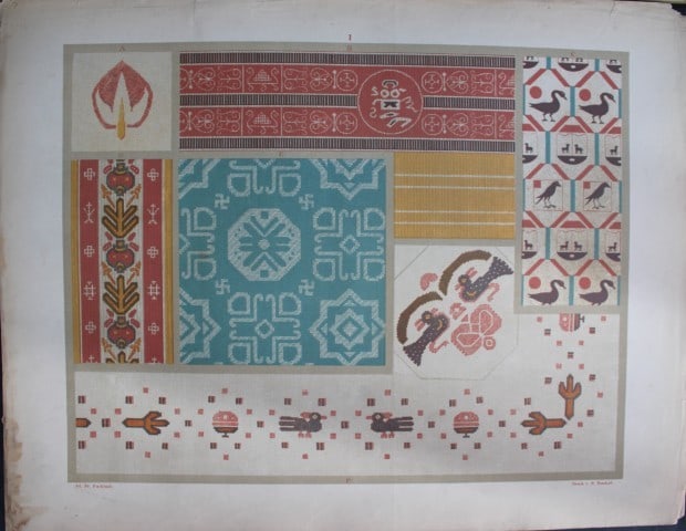 Fischbach - Design from Ornament of Textile Fabrics 1884: This chromolithograph is from Ornament of Textile Fabrics by Frederick Fischbach, Director of the Art Industrial School at St Gall, Switzerland. Published by Bernard Quaritch in London 1884.The plates