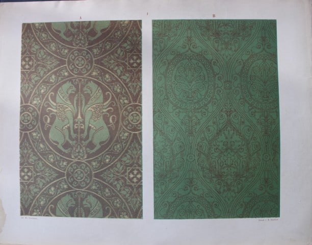 Fischbach - Design from Ornament of Textile Fabrics 1884: This chromolithograph is from Ornament of Textile Fabrics by Frederick Fischbach, Director of the Art Industrial School at St Gall, Switzerland. Published by Bernard Quaritch in London 1884.The plates