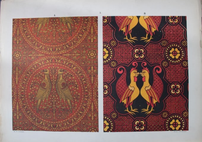 Fischbach - Design from Ornament of Textile Fabrics 1884: This chromolithograph is from Ornament of Textile Fabrics by Frederick Fischbach, Director of the Art Industrial School at St Gall, Switzerland. Published by Bernard Quaritch in London 1884.The plates