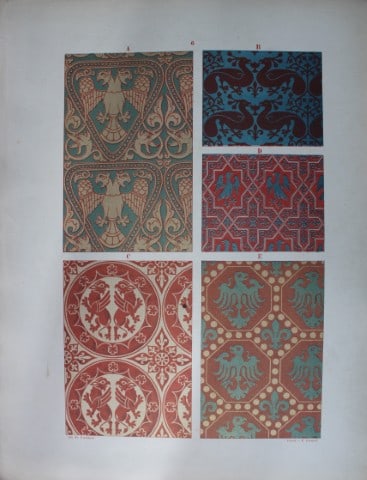 Fischbach - Design from Ornament of Textile Fabrics 1884: This chromolithograph is from Ornament of Textile Fabrics by Frederick Fischbach, Director of the Art Industrial School at St Gall, Switzerland. Published by Bernard Quaritch in London 1884.The plates