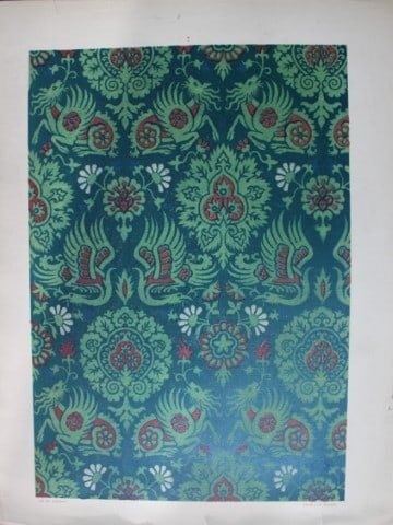 Fischbach - Design from Ornament of Textile Fabrics 1884: This chromolithograph is from Ornament of Textile Fabrics by Frederick Fischbach, Director of the Art Industrial School at St Gall, Switzerland. Published by Bernard Quaritch in London 1884.The plates