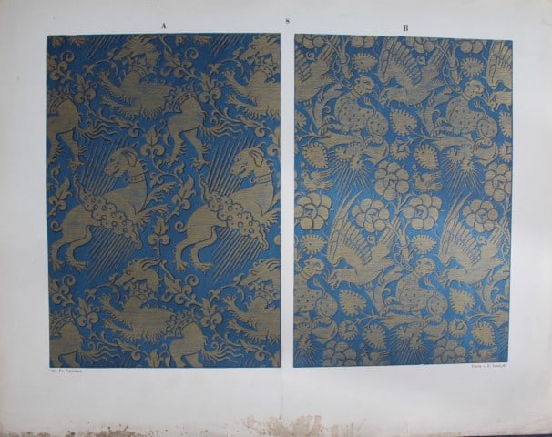 Fischbach - Design from Ornament of Textile Fabrics 1884: This chromolithograph is from Ornament of Textile Fabrics by Frederick Fischbach, Director of the Art Industrial School at St Gall, Switzerland. Published by Bernard Quaritch in London 1884.The plates