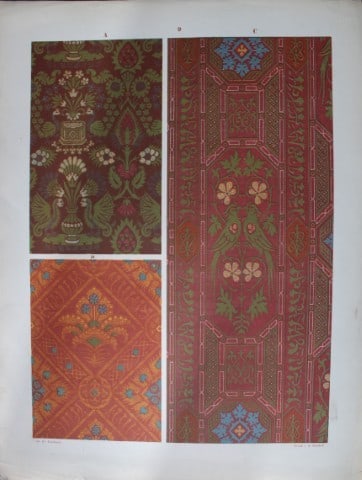 Fischbach - Design from Ornament of Textile Fabrics 1884: This chromolithograph is from Ornament of Textile Fabrics by Frederick Fischbach, Director of the Art Industrial School at St Gall, Switzerland. Published by Bernard Quaritch in London 1884.The plates