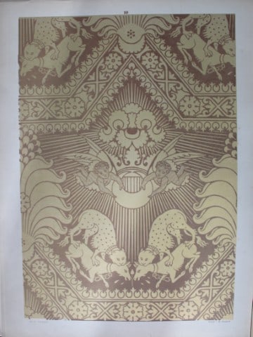 Fischbach - Design from Ornament of Textile Fabrics 1884: This chromolithograph is from Ornament of Textile Fabrics by Frederick Fischbach, Director of the Art Industrial School at St Gall, Switzerland. Published by Bernard Quaritch in London 1884.The plates