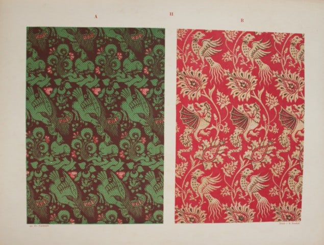 Fischbach - Design from Ornament of Textile Fabrics 1884: This chromolithograph is from Ornament of Textile Fabrics by Frederick Fischbach, Director of the Art Industrial School at St Gall, Switzerland. Published by Bernard Quaritch in London 1884.The plates