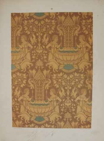 Fischbach - Design from Ornament of Textile Fabrics 1884: This chromolithograph is from Ornament of Textile Fabrics by Frederick Fischbach, Director of the Art Industrial School at St Gall, Switzerland. Published by Bernard Quaritch in London 1884.The plates