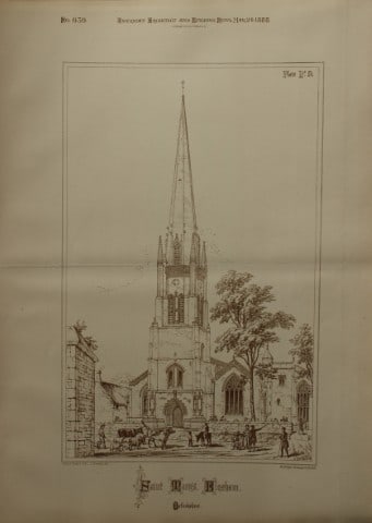 Charles Wickes - St Mary's, Bloxham, Oxfordshire 1888: This plate is from American Architecture and Building News. Launched by architect William Rotch Ware, it became the first continuously published architectural periodical in America.Size: 17in x 12.6in