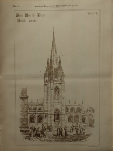 Charles Wickes - St Mary the Virgin, Oxford, Oxfordshire 1888: This plate is from American Architecture and Building News. Launched by architect William Rotch Ware, it became the first continuously published architectural periodical in America.Size: 17in x 12.6in