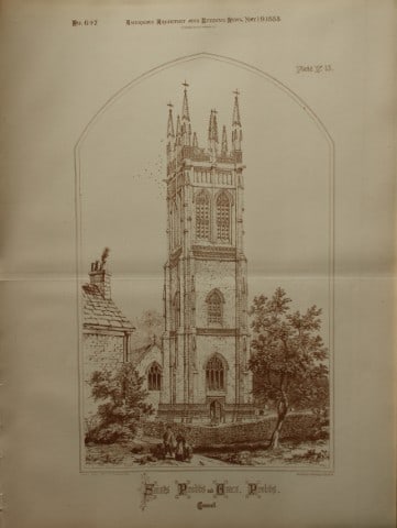 Charles Wickes - St Probus and St Grace, Cornwall 1888: This plate is from American Architecture and Building News. Launched by architect William Rotch Ware, it became the first continuously published architectural periodical in America.Size: 17in x 12.6in