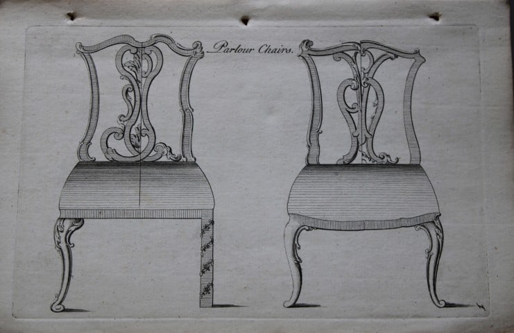 Manwaring - Engraving of Parlour Chairs 1765: This copper engraving is from Genteel Houshold Furniture, In the Present Taste with an addition of several Articles never before Executed, by a Society of Upholsterers, Cabinet-Makers, &c. Printed for