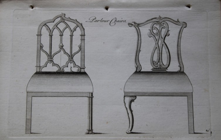 Manwaring - Engraving of Parlour Chairs 1765: This rare copper engraving is from Genteel Houshold Furniture, In the Present Taste with an addition of several Articles never before Executed, by a Society of Upholsterers, Cabinet-Makers, &c. Printe