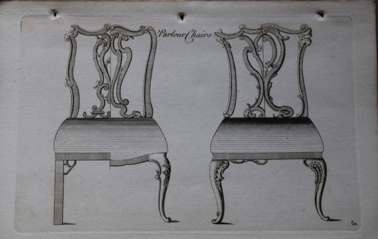 Manwaring - Engraving of Parlour Chairs 1765: This copper engraving is from Genteel Houshold Furniture, In the Present Taste with an addition of several Articles never before Executed, by a Society of Upholsterers, Cabinet-Makers, &c. Printed for