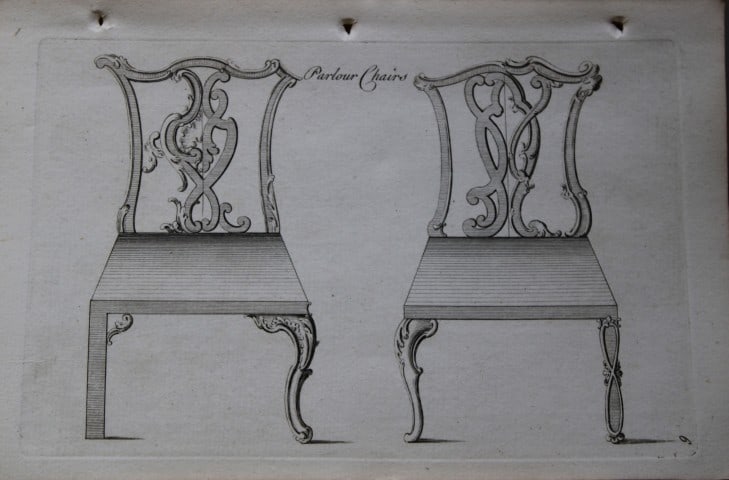 Manwaring - Engraving of Parlour Chairs 1765: This copper engraving is from Genteel Houshold Furniture, In the Present Taste with an addition of several Articles never before Executed, by a Society of Upholsterers, Cabinet-Makers, &c. Printed for