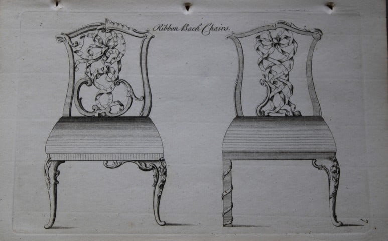 Manwaring - Engraving of Ribbon Back Chairs 1765: This copper engraving is from Genteel Houshold Furniture, In the Present Taste with an addition of several Articles never before Executed, by a Society of Upholsterers, Cabinet-Makers, &c. Printed for