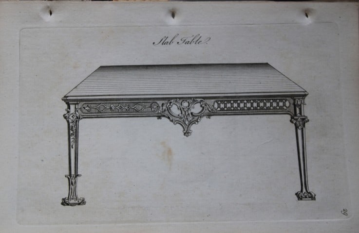 Society of Upholsterers - Slab Table 1765: This rare copper engraving is from Genteel Houshold Furniture, In the Present Taste with an addition of several Articles never before Executed, by a Society of Upholsterers, Cabinet-Makers, &c. Printe