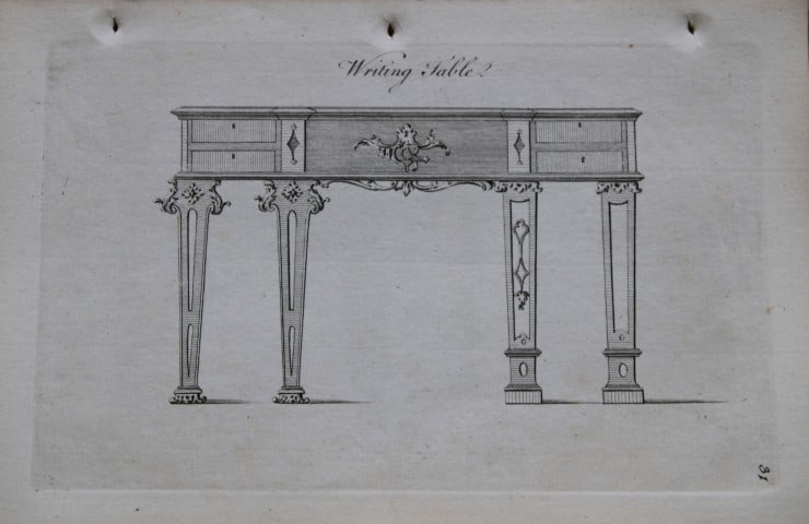 Society of Upholsterers - Writing Table 1765: This rare copper engraving is from Genteel Houshold Furniture, In the Present Taste with an addition of several Articles never before Executed, by a Society of Upholsterers, Cabinet-Makers, &c. Printe