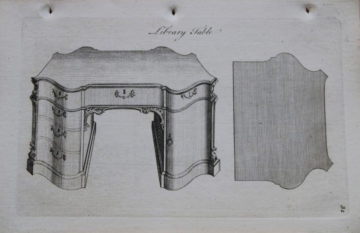 Society of Upholsterers - Library Table 1765: This rare copper engraving is from Genteel Houshold Furniture, In the Present Taste with an addition of several Articles never before Executed, by a Society of Upholsterers, Cabinet-Makers, &c. Printe