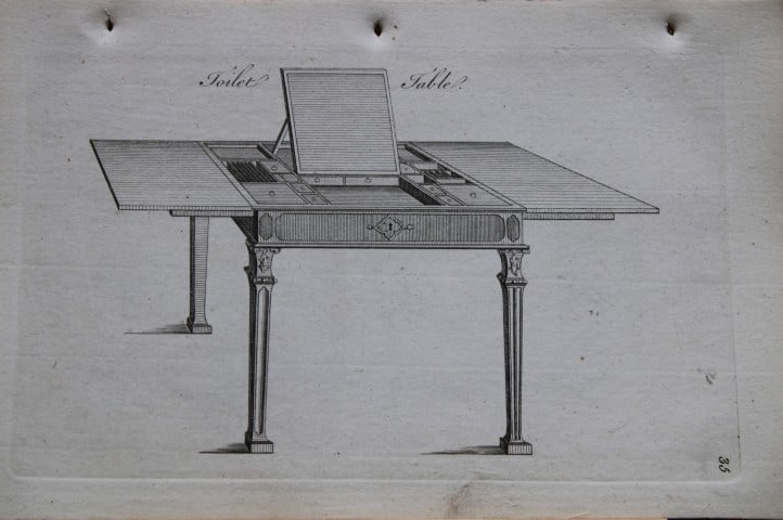 Society of Upholsterers - Toilet Table 1765: This rare copper engraving is from Genteel Houshold Furniture, In the Present Taste with an addition of several Articles never before Executed, by a Society of Upholsterers, Cabinet-Makers, &c. Printe