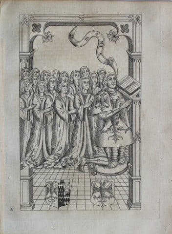 John Weever - Engraving of an armorial monument 1767: This engraving is from Antient Funeral Monuments of Great Britain, Ireland and the islands adjacent with the dissolved Monasteries therein contained... by John Weever. Published and printed by W Tooke