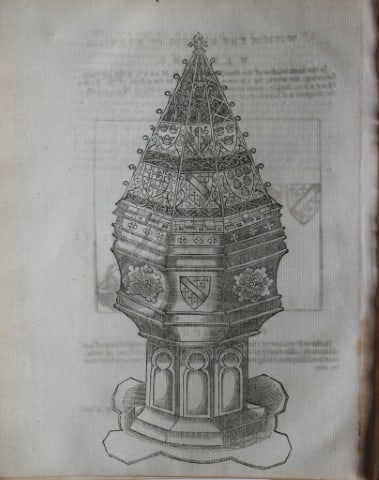 John Weever - Engraving of an armorial monument 1767: This engraving is from Antient Funeral Monuments of Great Britain, Ireland and the islands adjacent with the dissolved Monasteries therein contained... by John Weever. Published and printed by W Tooke