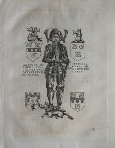 John Weever - Engraving of an armorial monument 1767: This engraving is from Antient Funeral Monuments of Great Britain, Ireland and the islands adjacent with the dissolved Monasteries therein contained... by John Weever. Published and printed by W Tooke