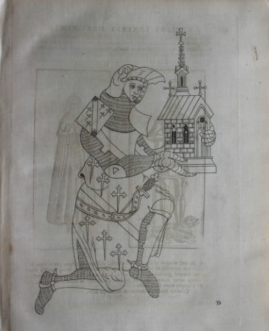 John Weever - Engraving of an armorial monument 1767: This engraving is from Antient Funeral Monuments of Great Britain, Ireland and the islands adjacent with the dissolved Monasteries therein contained... by John Weever. Published and printed by W Tooke