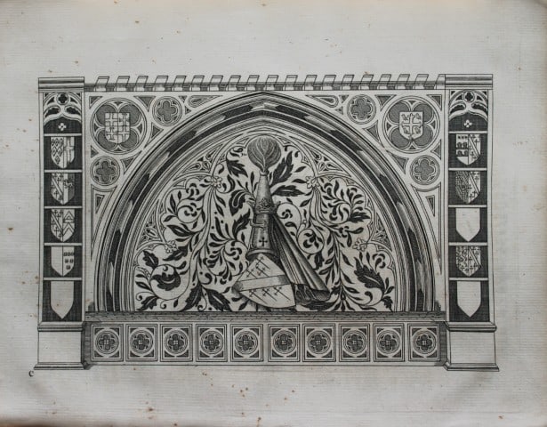 John Weever - Engraving of an armorial monument 1767: This engraving is from Antient Funeral Monuments of Great Britain, Ireland and the islands adjacent with the dissolved Monasteries therein contained... by John Weever. Published and printed by W Tooke