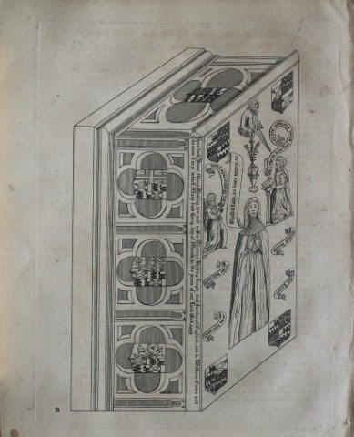 John Weever - Engraving of an armorial monument 1767: This engraving is from Antient Funeral Monuments of Great Britain, Ireland and the islands adjacent with the dissolved Monasteries therein contained... by John Weever. Published and printed by W Tooke