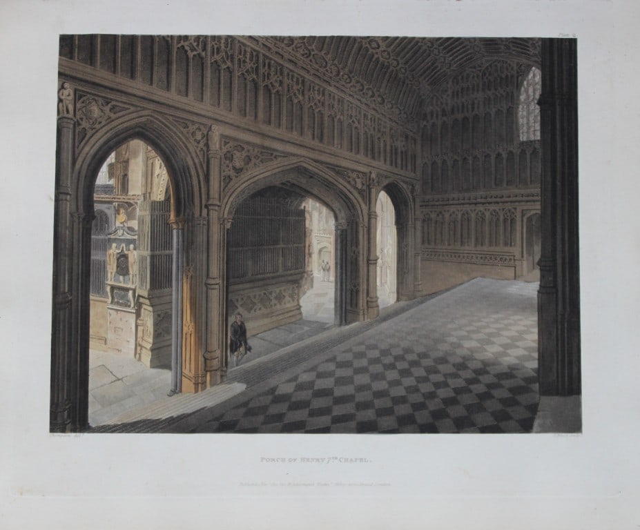 Thompson - Porch of Henry VII Chapel engraved by J Bluck 1812: This aquatint print is from The History of the Abbey Church of St. Peter's Westminster, Its Antiquities and Monuments by Rudolph Ackermann and William Combe, published in London 1812.One of the quinte