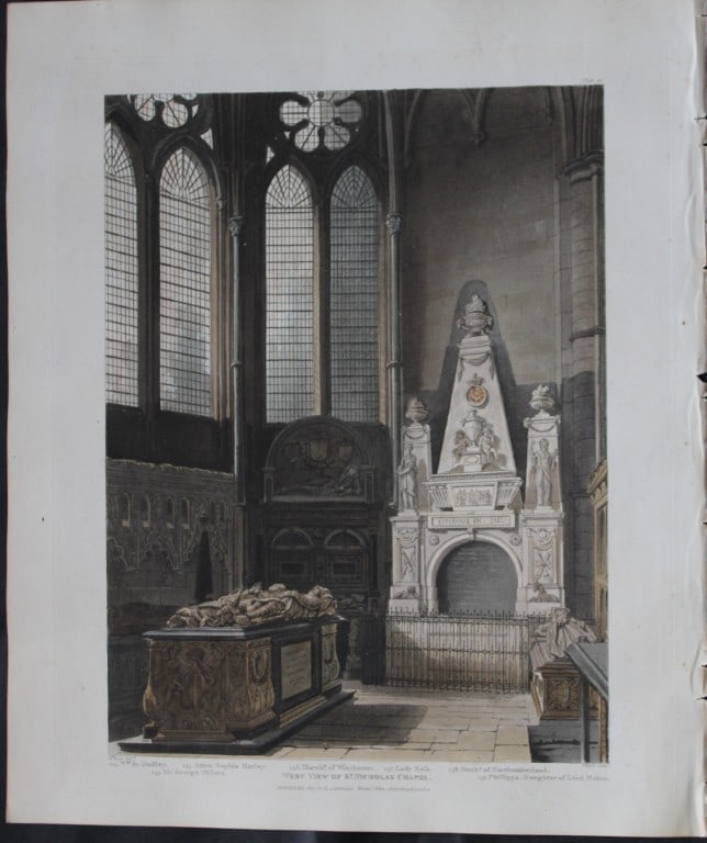 A Pugin - St Nicholas Chapel in Westminster Abbey engraved by J Bluck 1812: This aquatint print is from The History of the Abbey Church of St. Peter's Westminster, Its Antiquities and Monuments by Rudolph Ackermann and William Combe, published in London 1812.One of the quinte