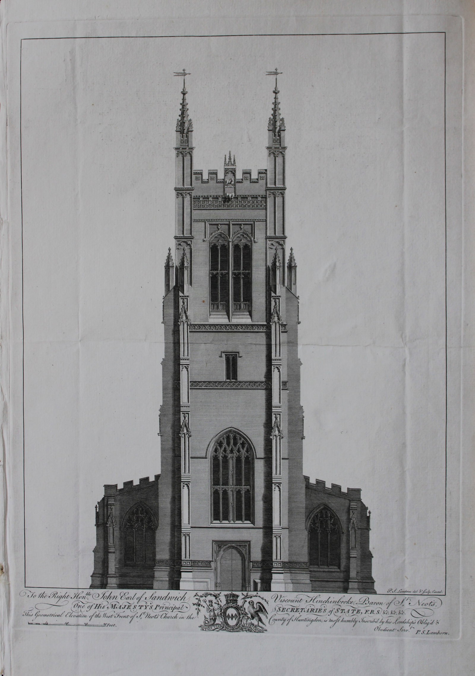 Lamborne - St Neot's Church, Huntingdon c1760: This rare engraving is of St. Neot's Church, County of Huntingdon: Elevation of the West Front by Peter Spendelowe Lamborne.Size: 16.5in x 12in. (42cm x 30cm)