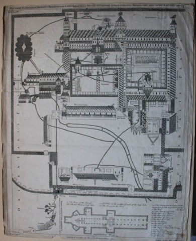 George Vertue - Christ Church Priory, Cambridgeshire 1755: This engraving depicts a 12th-century architectural and hydraulic pln of Christ Church Priory, Canterbury, originally created in the Eadwine Psalter (c. 1165) and reproduced in 1755 by George Vertue f