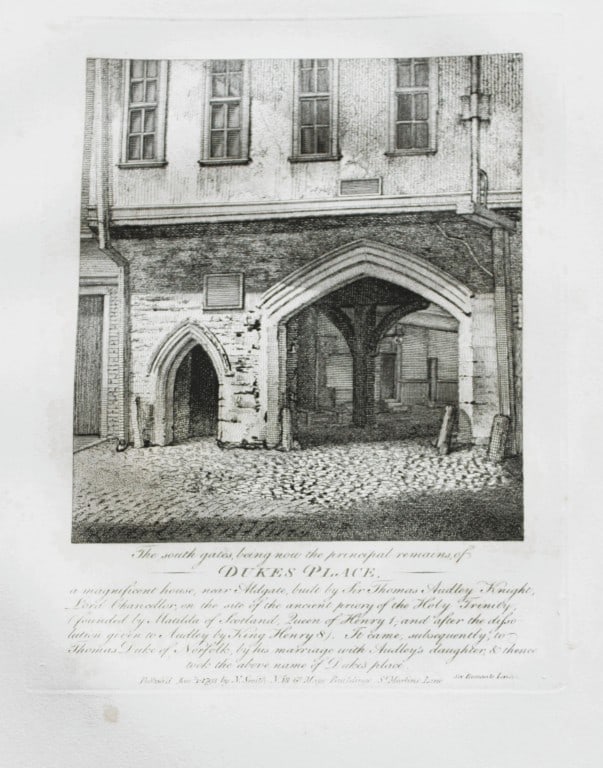John Thomas Smith - Engraving of Dukes Place, London 1791: An original engraving from John Thomas Smith's Antiquities of London and its Environs. Published in London by T Sewell, J Manson et al 1791.Engraved by John Thomas "Antiquity" Smith (1766-1833), the d