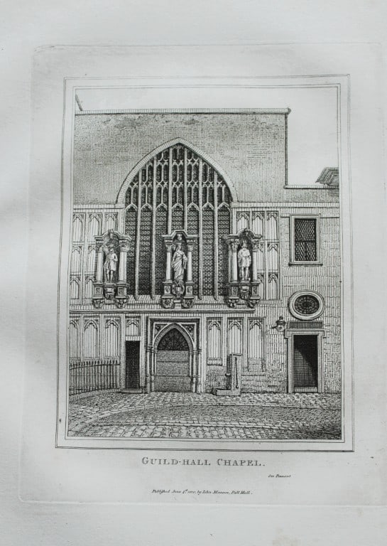 John Thomas Smith - Engraving of Guildhall Chapel, London 1791: Two original engravings from John Thomas Smith's Antiquities of London and its Environs. Published in London by T Sewell, J Manson et al 1791.Engraved by John Thomas "Antiquity" Smith (1766-1833), the