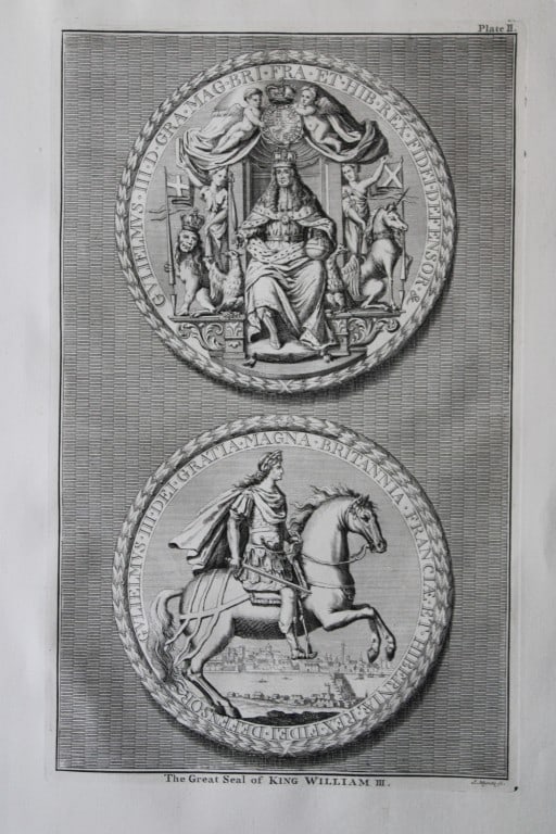 Great Seal of William III by J Mynde 1736: A rare original large format engraving by J Mynde from The Heads of the Kings of England proper for Mr. Rapin?s History. Published by James, John, and Paul Knapton 1736. Originally issued in Rapin?s H