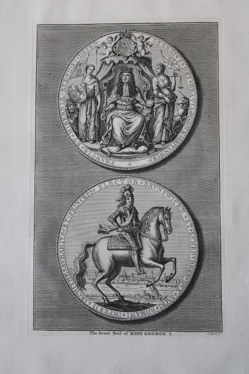 Great Seal of George I by J Mynde 1736: A rare original large format engraving by J Mynde from The Heads of the Kings of England proper for Mr. Rapin?s History. Published by James, John, and Paul Knapton 1736. Originally issued in Rapin?s H