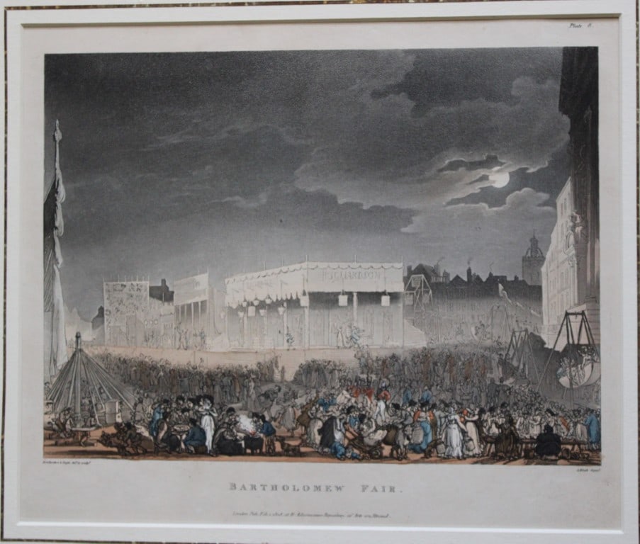 Rowlandson and Pugin - Aquatint of Bartholomew's Fair, London 1808: This hand coloured aquatint engraving by John Bluck after drawings by Thomas Rowlandson and Augustus Charles Pugin is from Views of London from The Microcosm of London, published by R. Ackermann, Lond
