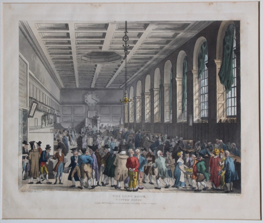 Rowlandson and Pugin - Aquatint of Custom House, London 1808: This hand coloured aquatint engraving by John Bluck after drawings by Thomas Rowlandson and Augustus Charles Pugin is from Views of London from The Microcosm of London, published by R. Ackermann, Lond