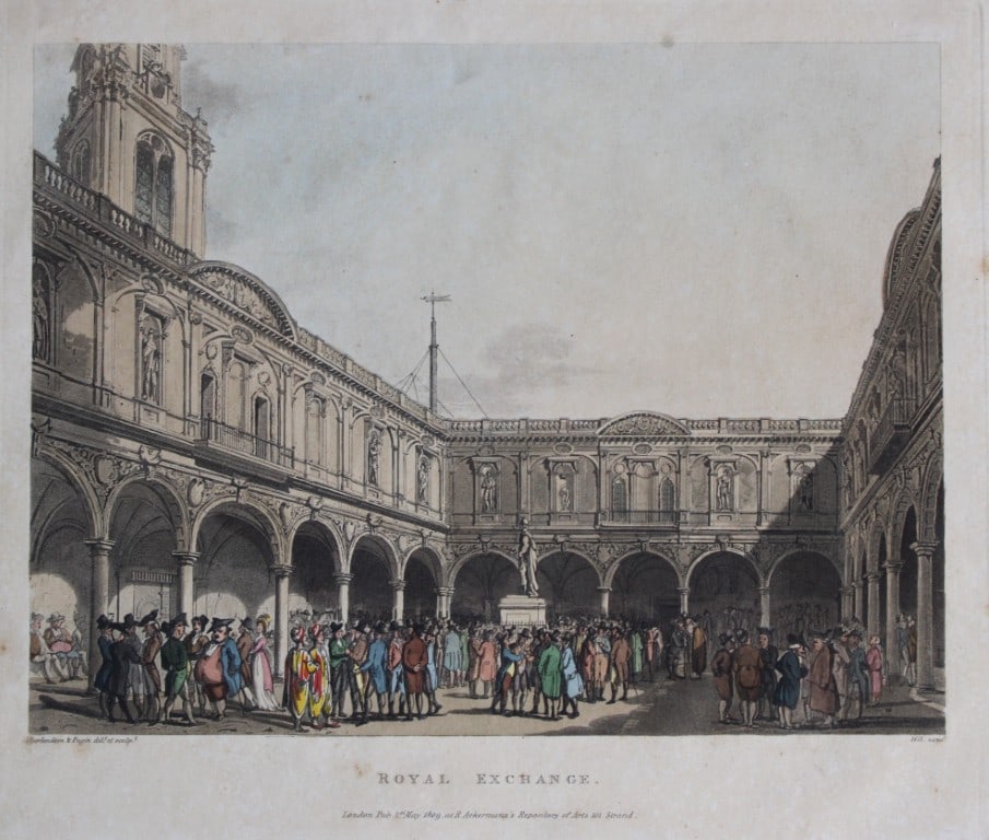 Rowlandson and Pugin - Aquatint of Royal Exchange, London 1808: This hand coloured aquatint engraving by John Bluck after drawings by Thomas Rowlandson and Augustus Charles Pugin is from Views of London from The Microcosm of London, published by R. Ackermann, Lond