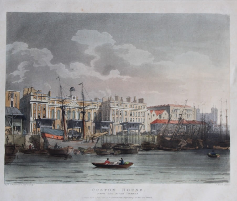 Rowlandson and Pugin - Aquatint of Custom House, London 1808: This hand coloured aquatint engraving by John Bluck after drawings by Thomas Rowlandson and Augustus Charles Pugin is from Views of London from The Microcosm of London, published by R. Ackermann, Lond