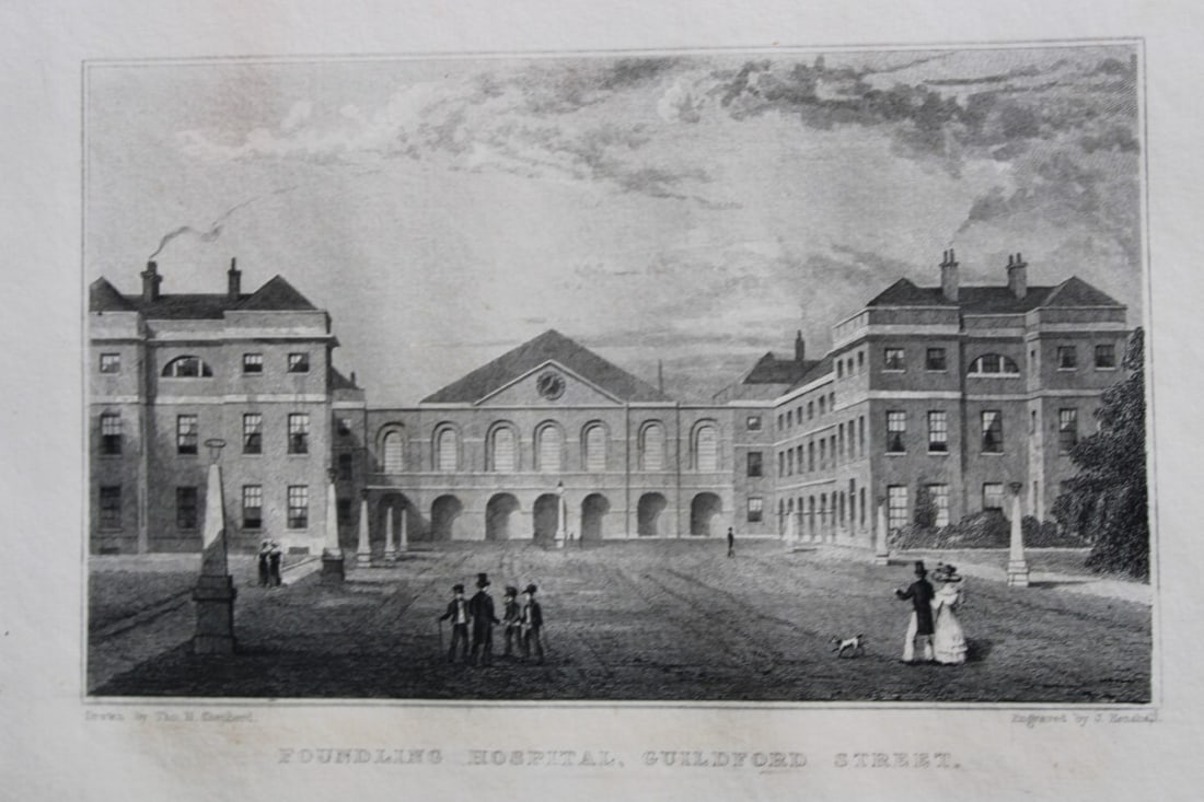 Thomas Shepherd - Foundling Hospital, London by J Henshall 1829: An elegant antique print of the old Foundling Hospital in Coram?s Fields off Guilford Street, London. Engraved by Josiah Henshall from an original study by Thomas H Shepherd, the master recorder of ni