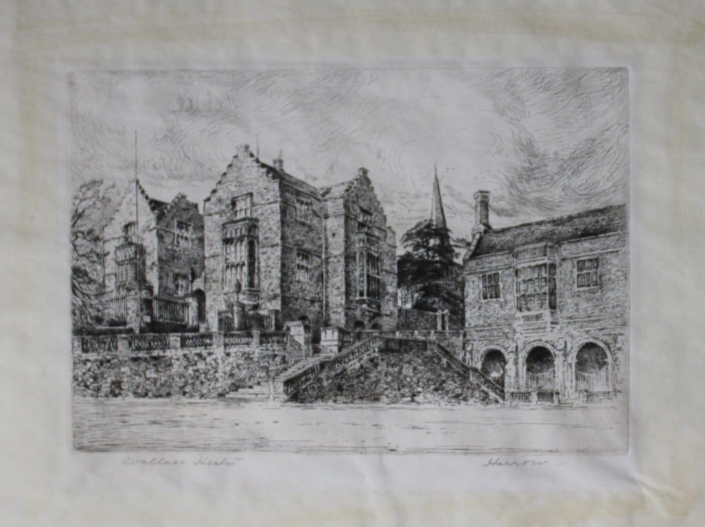 W Hester - Etching of Harrow School c1910, signed by the artist: Etching of Harrow School by Wallace Hester, published, c. 1910 Depicts Harrow School, a boarding school for boys in Harrow on the Hill, London. Founded in 1572 under a Royal Charter by Queen Elizabeth