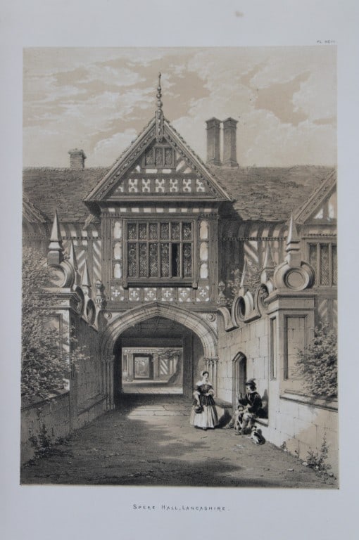 Nash J - Lithograph of Speke Hall, Lancashire 1869: This lithograph of Speke Hall, Lancashire is from The Mansions of England in the Olden Time by Joseph Nash. Printed by M & N Hanhart and published by Henry Sotheran & Co., London, in four parts from 1