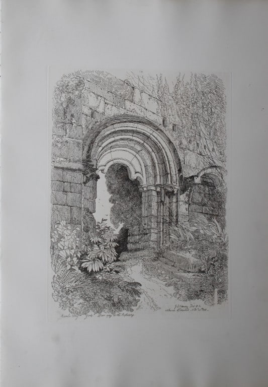 JS Cotman - Rivaulx Abbey refectory door, Yorkshire 1838: Specimens of Architectural Remains in the Counties of York, Cambridge, Suffolk, Lincoln, Essex and North Wales by John Sell Cotman. Published in London by HG Bohn in 1838A series of etchings illustrat