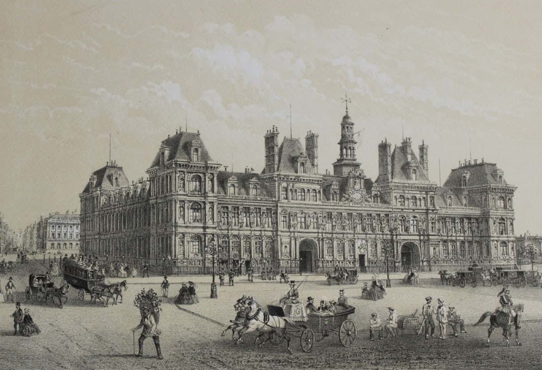 Charles Riviere - Hotel de Ville1867: This chromolithograph by Charles Riviere is from Paris d'apr?s la photographie by Maison Martin. Published by Michel and printed by Becquet Freres Paris 1867.Rivi?re based his very accurate drawings o