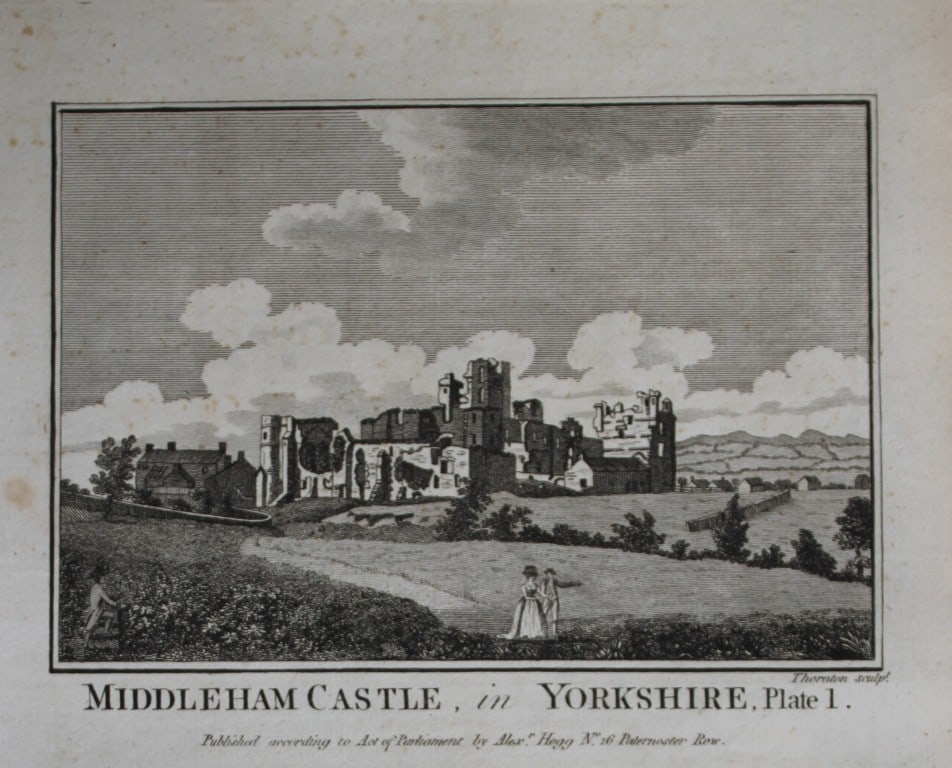Alex Hogg - Middleham Castle, Yorkshire 1786: This copperplate engraving is from Historical Descriptions of new and elegant picturesque views of the antiquities of England and Wales? by Henry Boswell.Published by Alex Hogg, London, 1786.Size: app