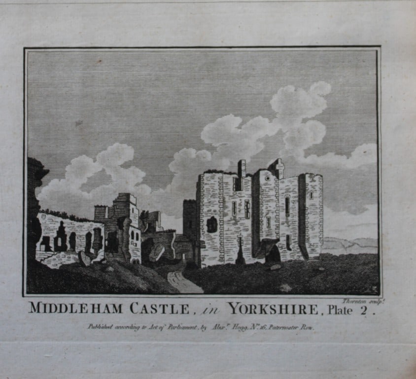 Alex Hogg - Middleham Castle, Yorkshire 1786: This copperplate engraving is from Historical Descriptions of new and elegant picturesque views of the antiquities of England and Wales? by Henry Boswell.Published by Alex Hogg, London, 1786.Size: app