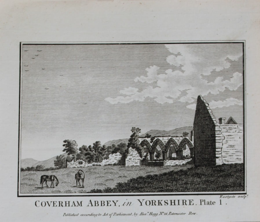Alex Hogg - Coverham Abbey, Yorkshire 1786: This copperplate engraving is from Historical Descriptions of new and elegant picturesque views of the antiquities of England and Wales? by Henry Boswell.Published by Alex Hogg, London, 1786.Size: app